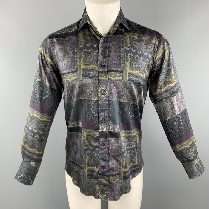 ETRO Size S Grey & Purple Print Cotton Button Up Long Sleeve Shirt