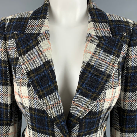 SMYTHE Size 8 Cream Black Wool Plaid Single Button Jacket