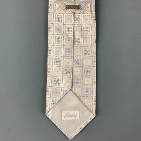 BRIONI Ivory &  Blue Checkered Silk Tie