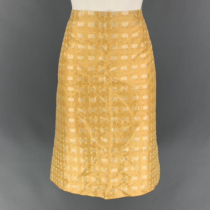 BURBERRY PRORSUM Spring 2006 Size 8 Gold Geomtric Silk Knee-Length Skirt