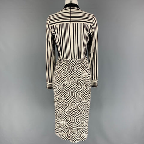 MARC JACOBS Size 2 Black White Silk Graphic Long Sleeve Mid-Calf Dress