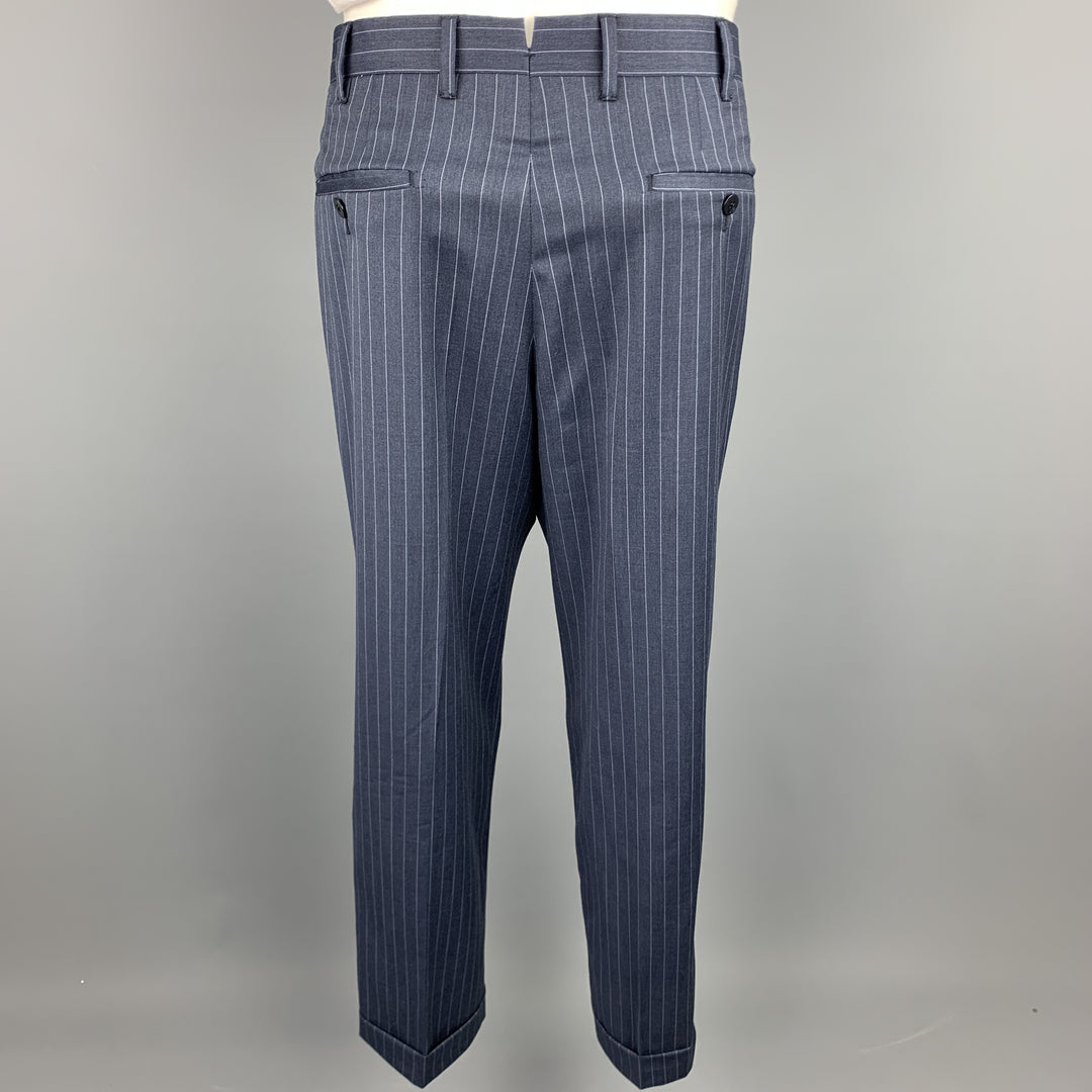 BORRELLI Size 38 Navy Stripe Wool Notch Lapel Suit