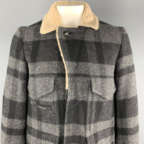 NUMBER (N)INE Size L Gray & Black Plaid Wool / Nylon Hidden Buttons Coat
