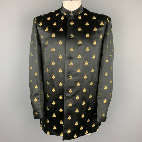 CUSTOM MADE Size 42 Black & Gold Bee Jacquard Motif Nehru Collar Sport Coat