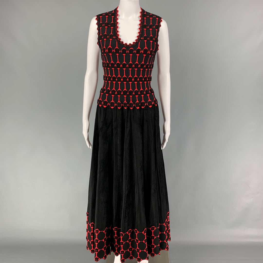 ALAIA Size 6 Black Red Viscose Blend Textured Sleeveless Long Dress