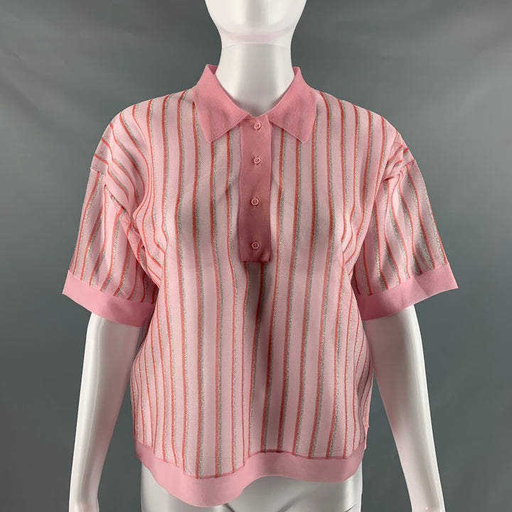 SANDRO Size M Pink Red & Silver Polyester Blend Stripe Cropped Polo Shirt