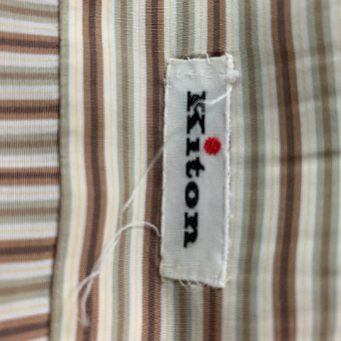 KITON Size L White, Brown & Green Stripe Cotton Button Down Long Sleeve Shirt
