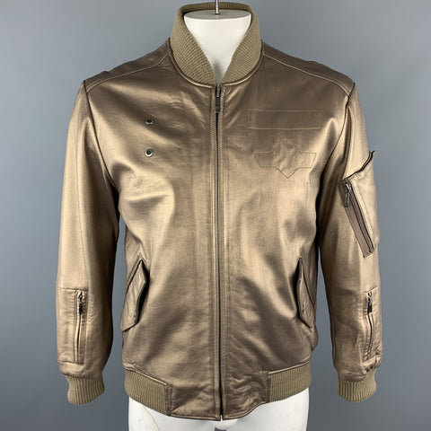 KENNETH COLE 42 Gold Metallic Leather Zip Up Vintage Bomber Style Jacket