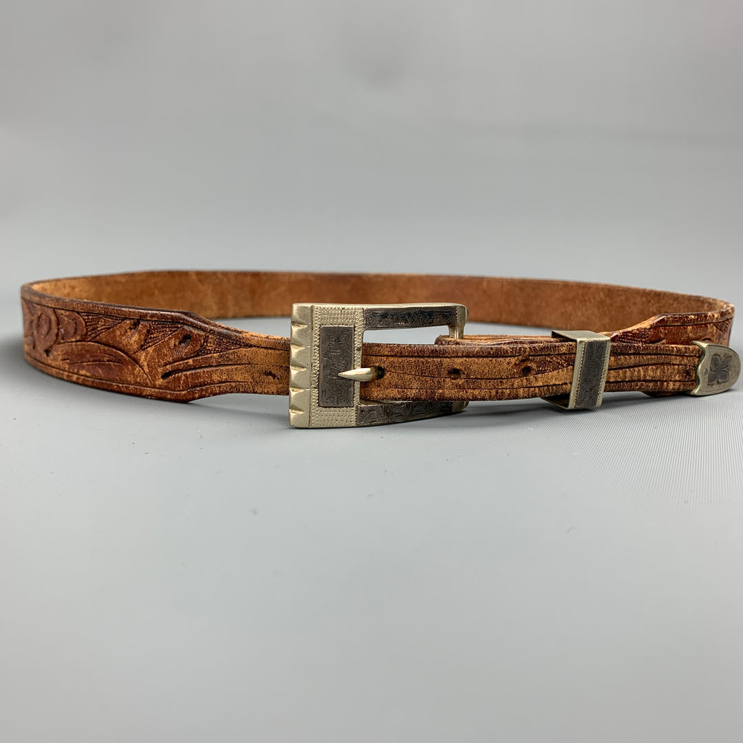 VINTAGE Size 30 Brown Carved Leather Skinny Belt