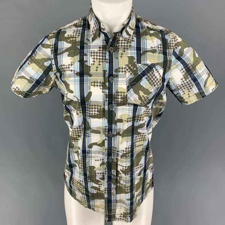 SIXTY Taille M Olive Navy Plaid Cotton Button Up Chemise à manches courtes
