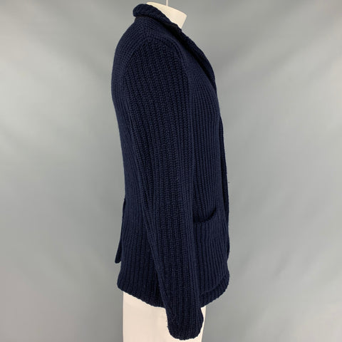 BARENA Taille L Veste en laine tricotée bleu marine avec poche plaquée
