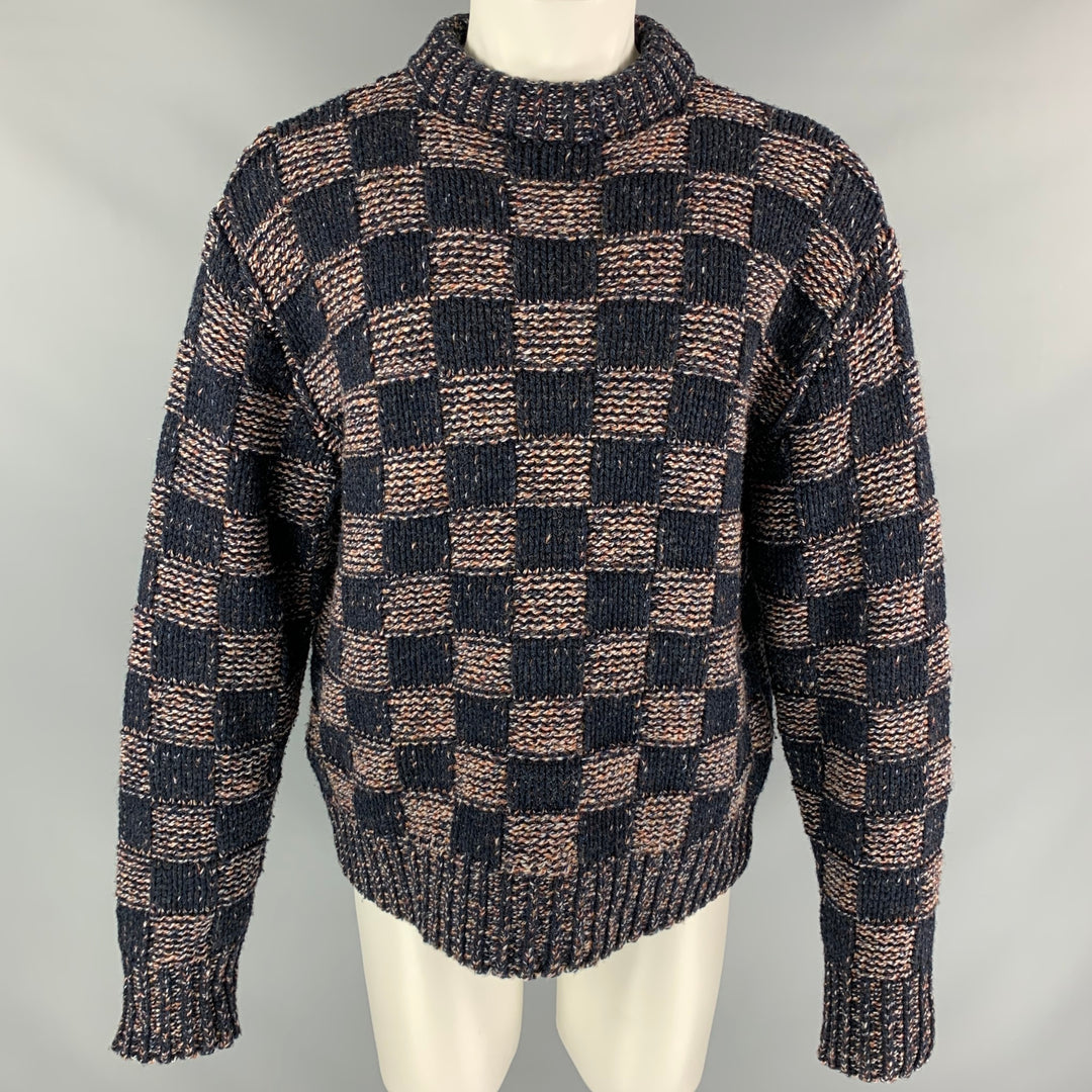 MARNI Size XS Navy & Brick Knitted Checkered Wool Crew-Neck Sweater