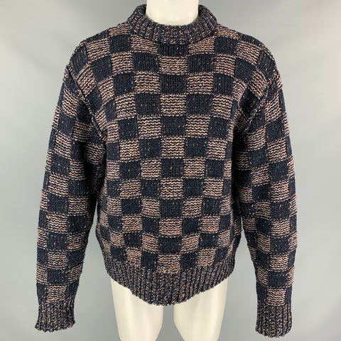 MARNI Size XS Navy & Brick Knitted Checkered Wool Crew-Neck Sweater