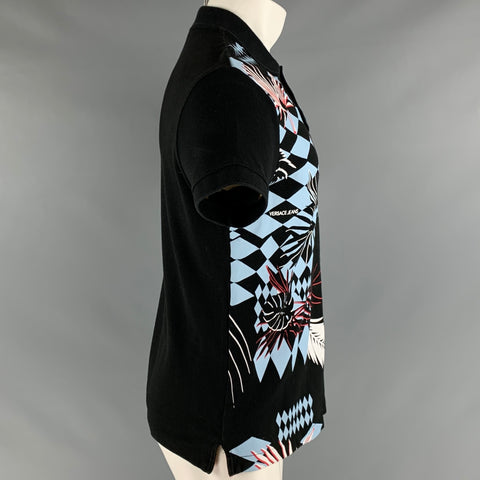 VERSACE JEANS Size M Black Blue Leaves Cotton Short Sleeve Polo