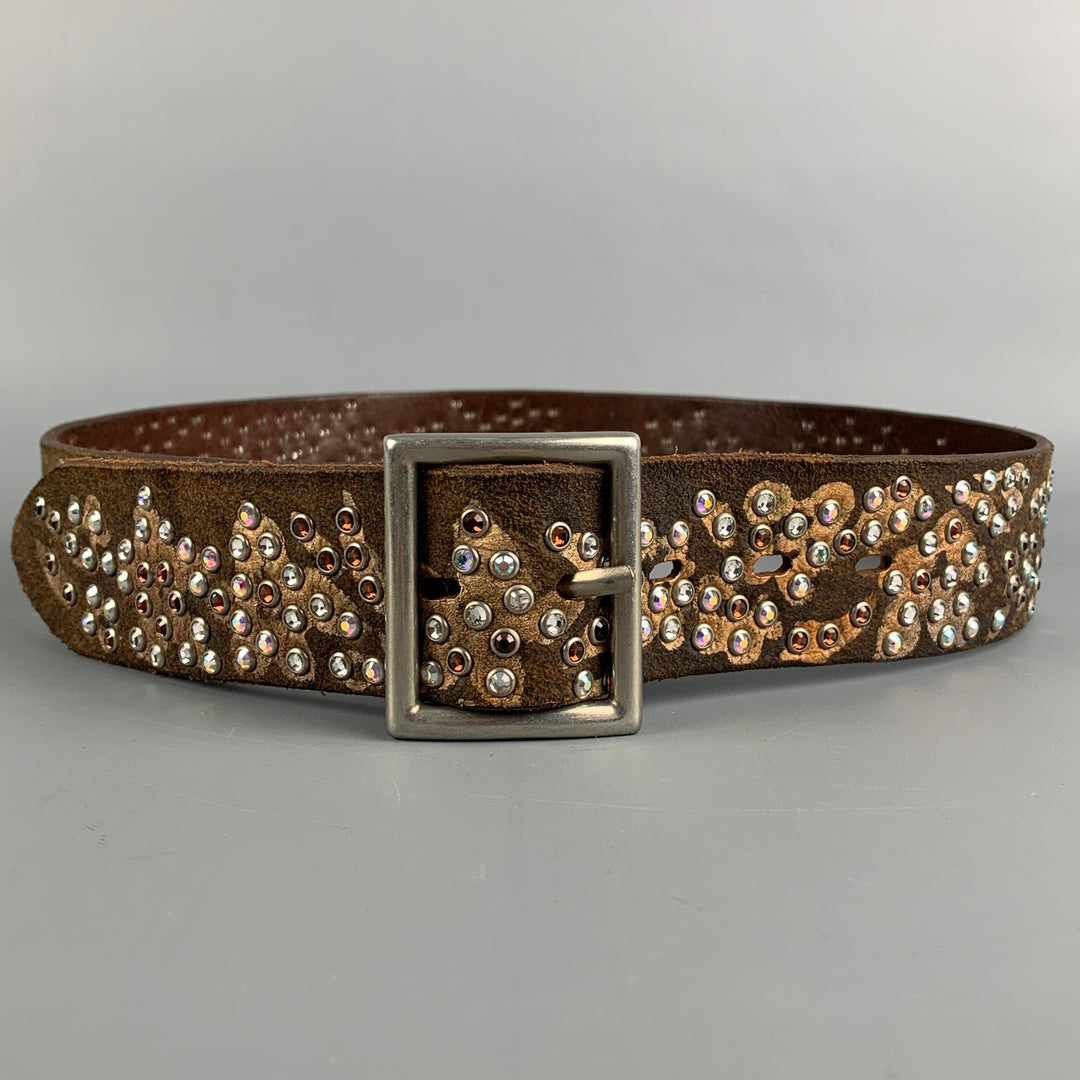 NOT LISTED Waist Size 34 Brown & Gold Studded Suede Rhinestones Belt