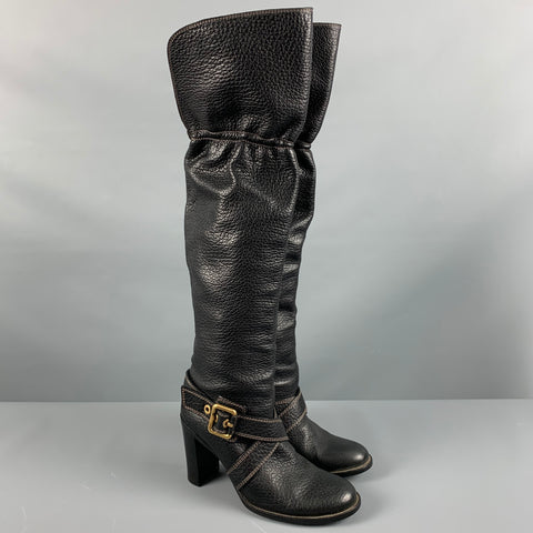 DOLCE &amp; GABBANA Talla 10 Botas con correa en el tobillo de cuero negro con grano de guijarro