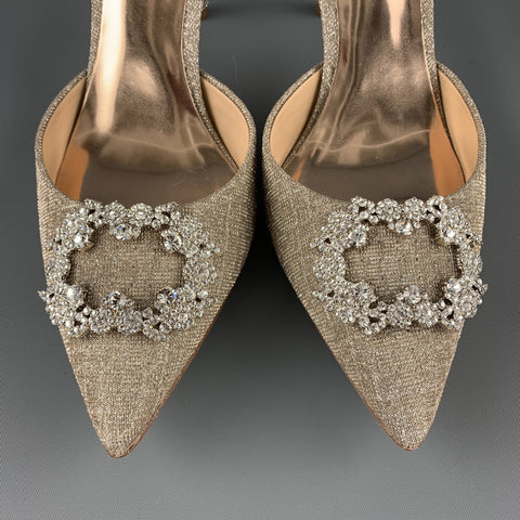 BADGLEY MISCHKA Size 8 Silver Metallic Beige Fabric Rhinestone Buckle D'orsay Pumps