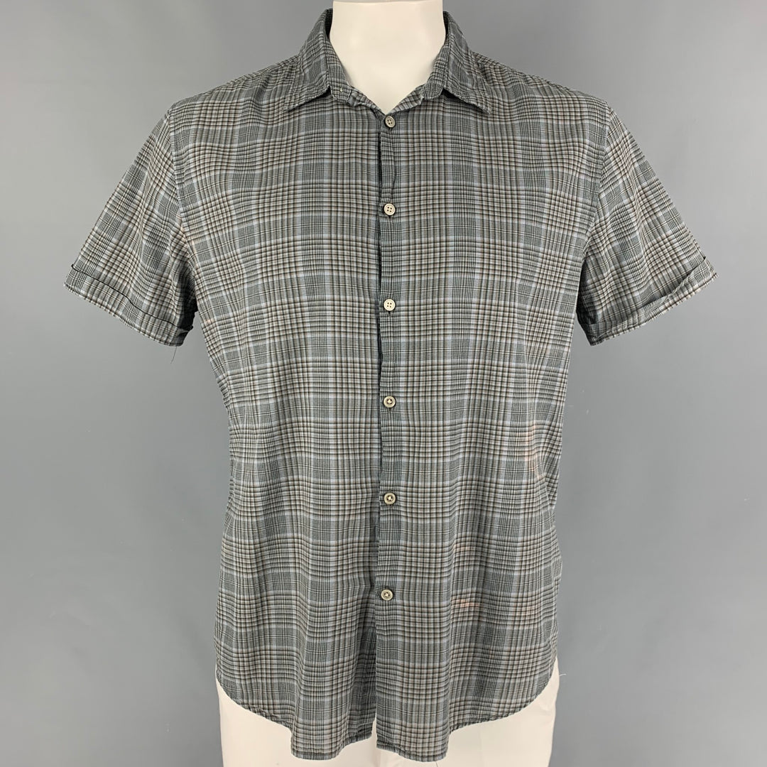JOHN VARVATOS Size L Grey Green Plaid Cotton Short Sleeve Shirt