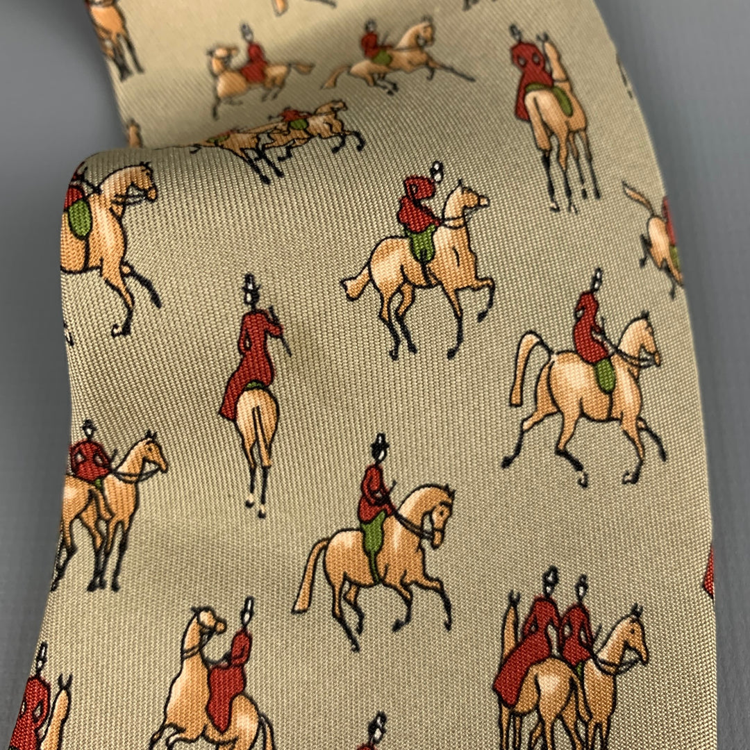 HERMES Grey Taupe Equestrian Silk Twill Tie