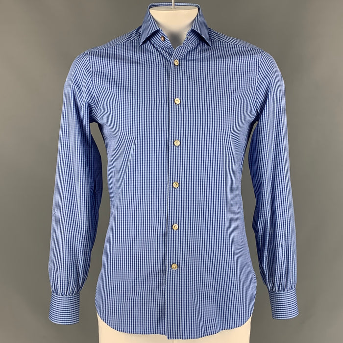 KITON for BARNEY'S NEW YORK Size 42 Light Blue Gingham Cotton Spread Collar Long Sleeve Shirt
