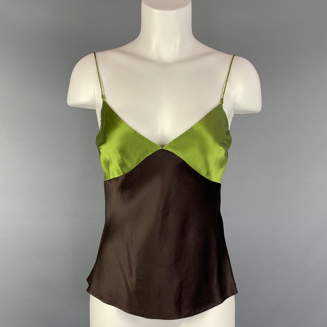KULSON Size S Brown & Green Satin Silk Camisole Blouse