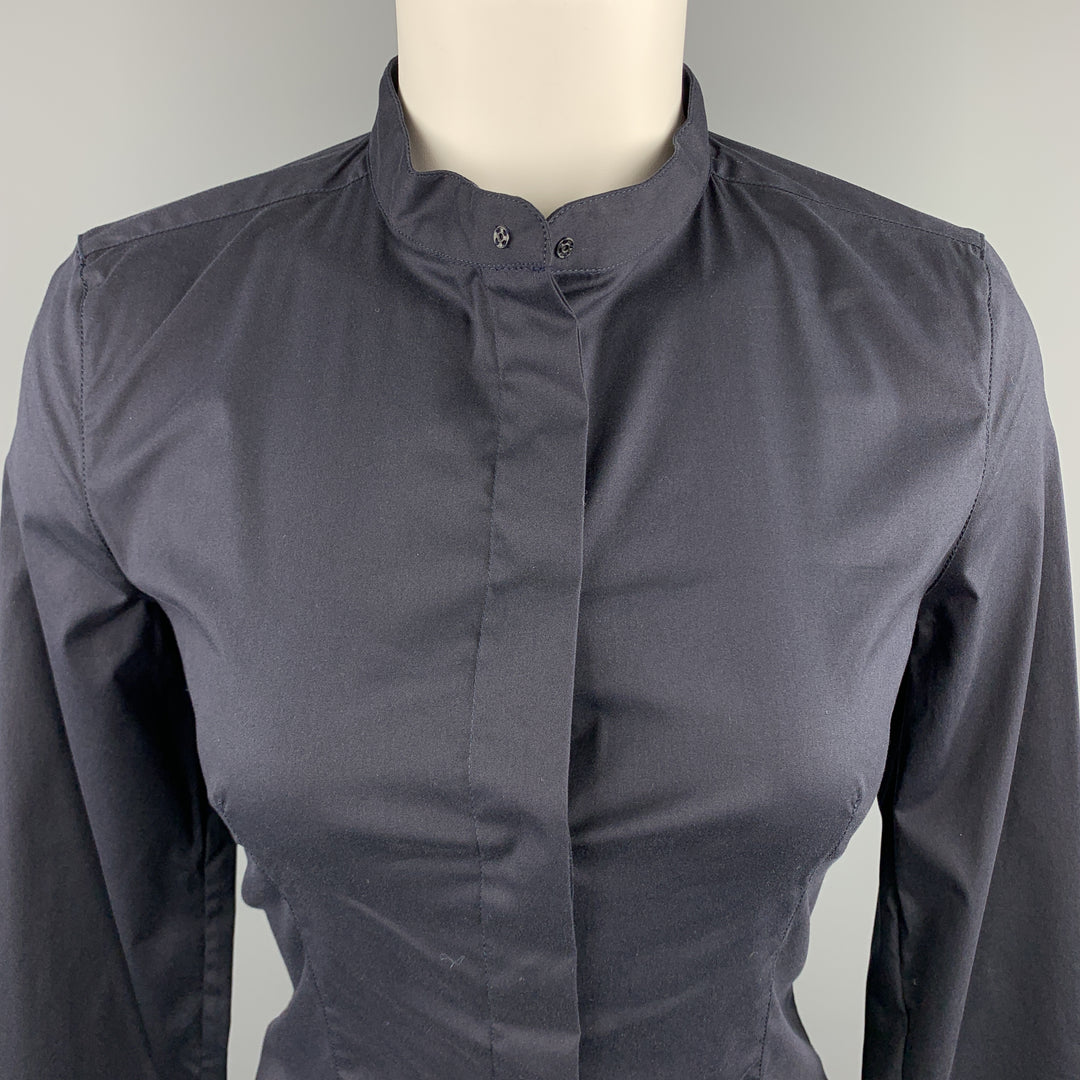 PRADA Size 4 Navy Stretch Cotton Band Collar Shirt