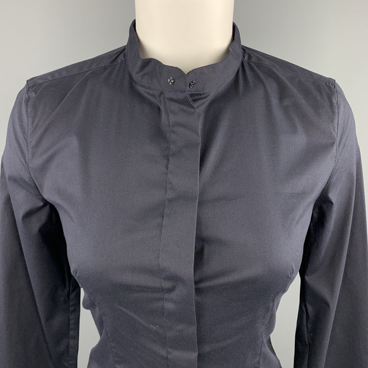 PRADA Camisa con cuello de banda de algodón elástico azul marino talla 4