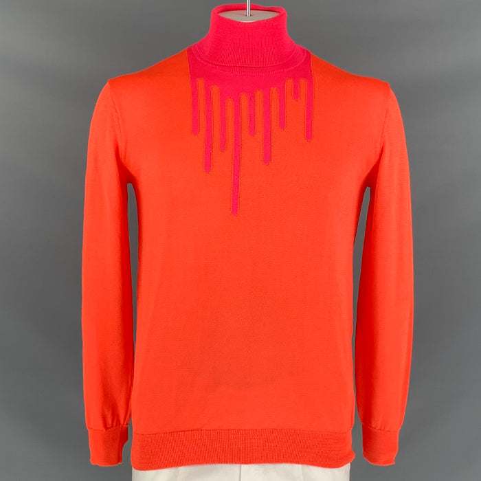 WALTER VAN BEIRENDONCK Taille XL Pull à col roulé en polyester dégoulinant orange et fuchsia
