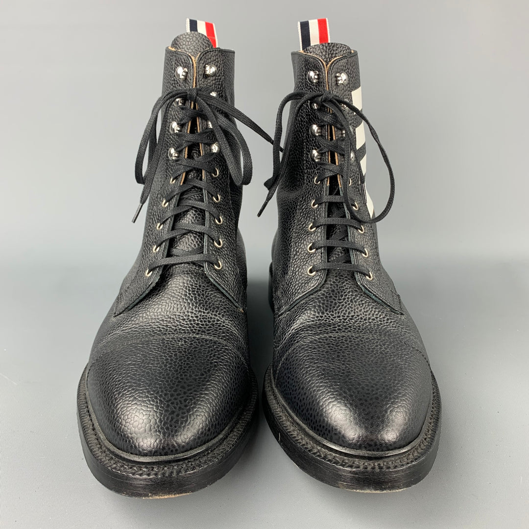 THOM BROWNE Size 10 Black Pebble Grain Leather Lace Up Ankle Boots