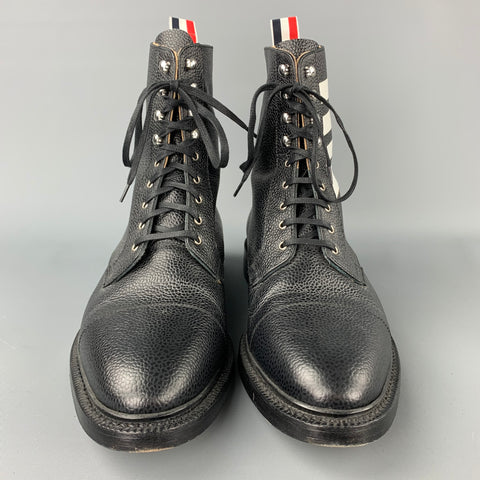 THOM BROWNE Size 10 Black Pebble Grain Leather Lace Up Ankle Boots