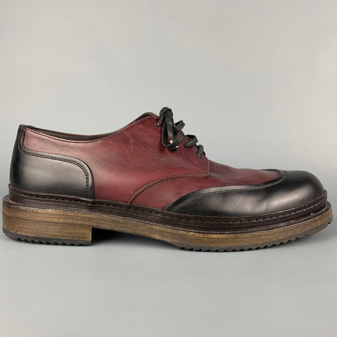 SALVATORE FERRAGAMO Size 9.5 Black & Burgundy Color Block Leather Lace Up Shoes