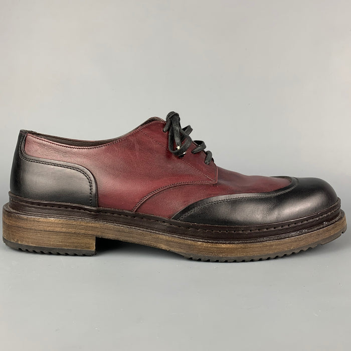 SALVATORE FERRAGAMO Size 9.5 Black & Burgundy Color Block Leather Lace Up Shoes