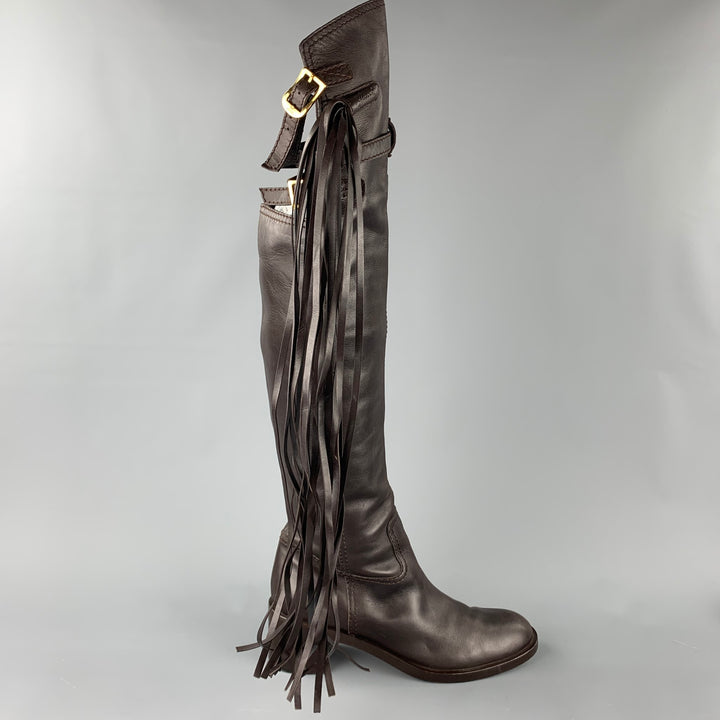GUCCI Size 11 Brown Leather Tassel Pull On Boots
