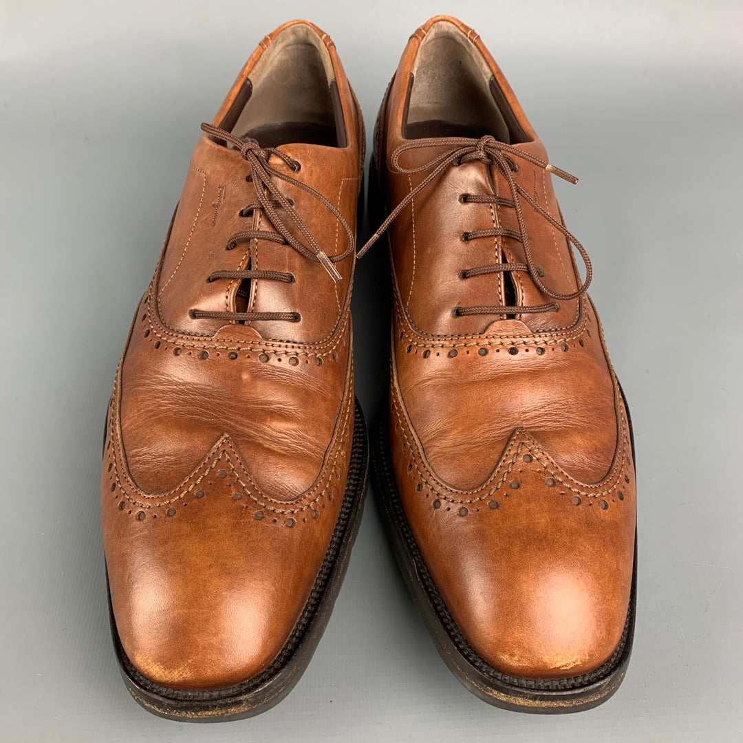 SALVATORE FERRAGAMO Size 11 Tan Perforated Leather Wingtip Lace Up Shoes