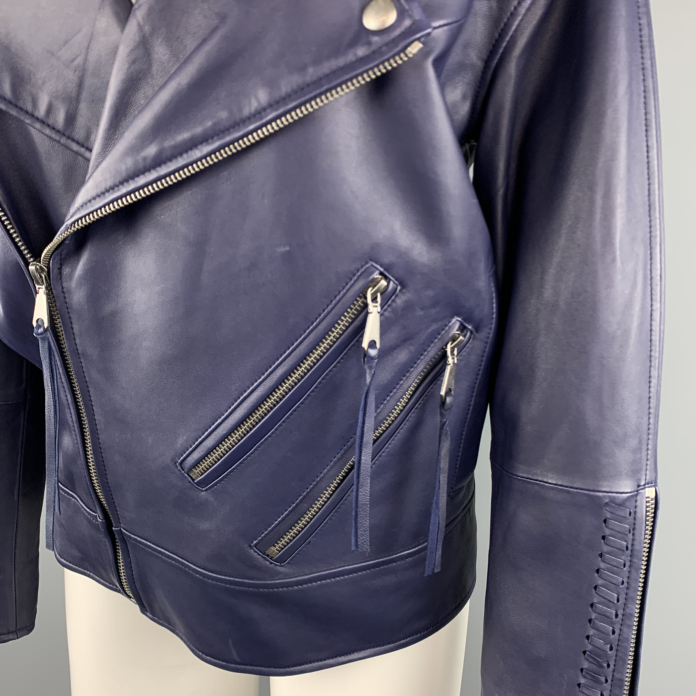 REBECCA MINKOFF Size XS Navy Leather Lamb Skin Biker Jacket