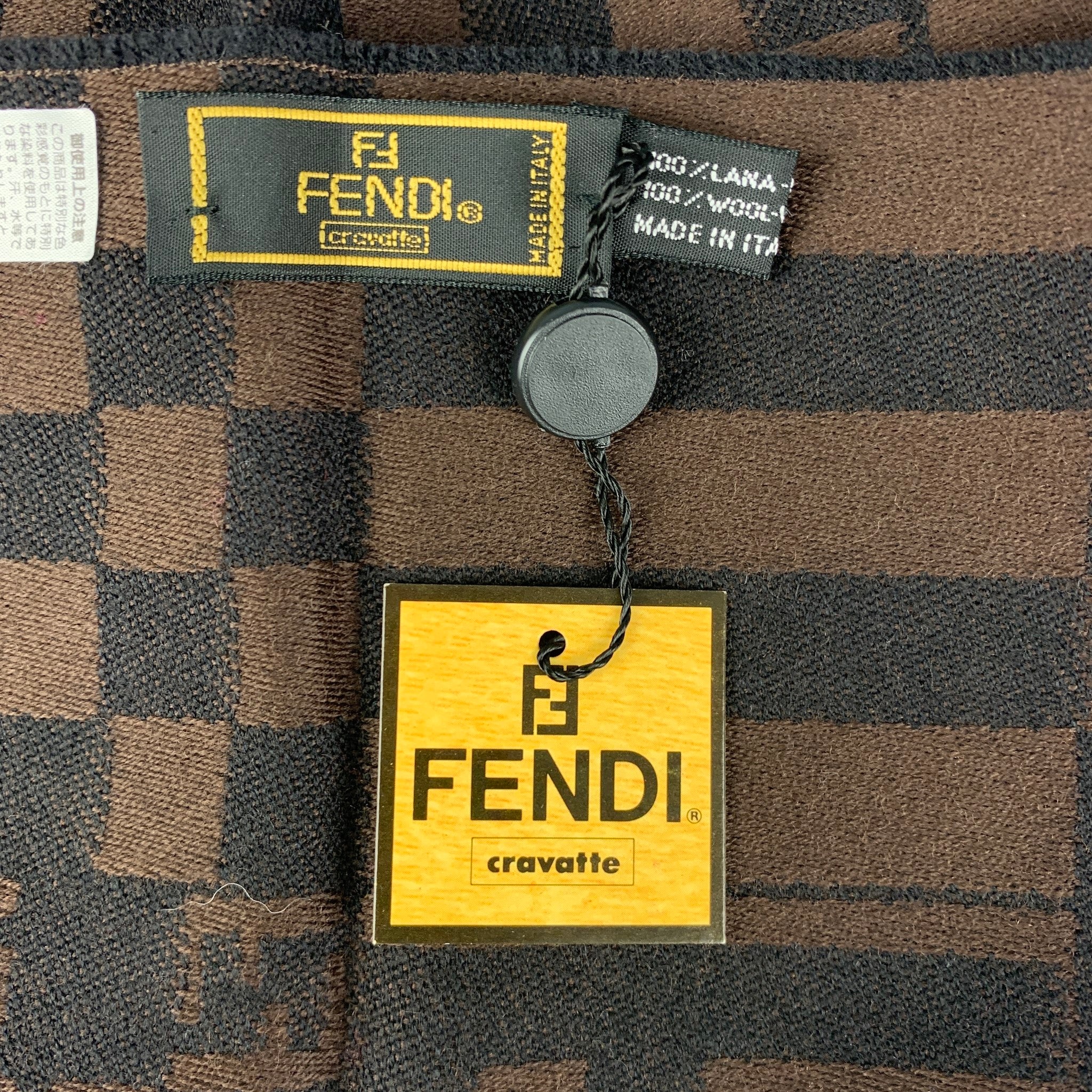 FENDI Brown Black Logo Wool Fringe Scarf Sui Generis Designer Consignment