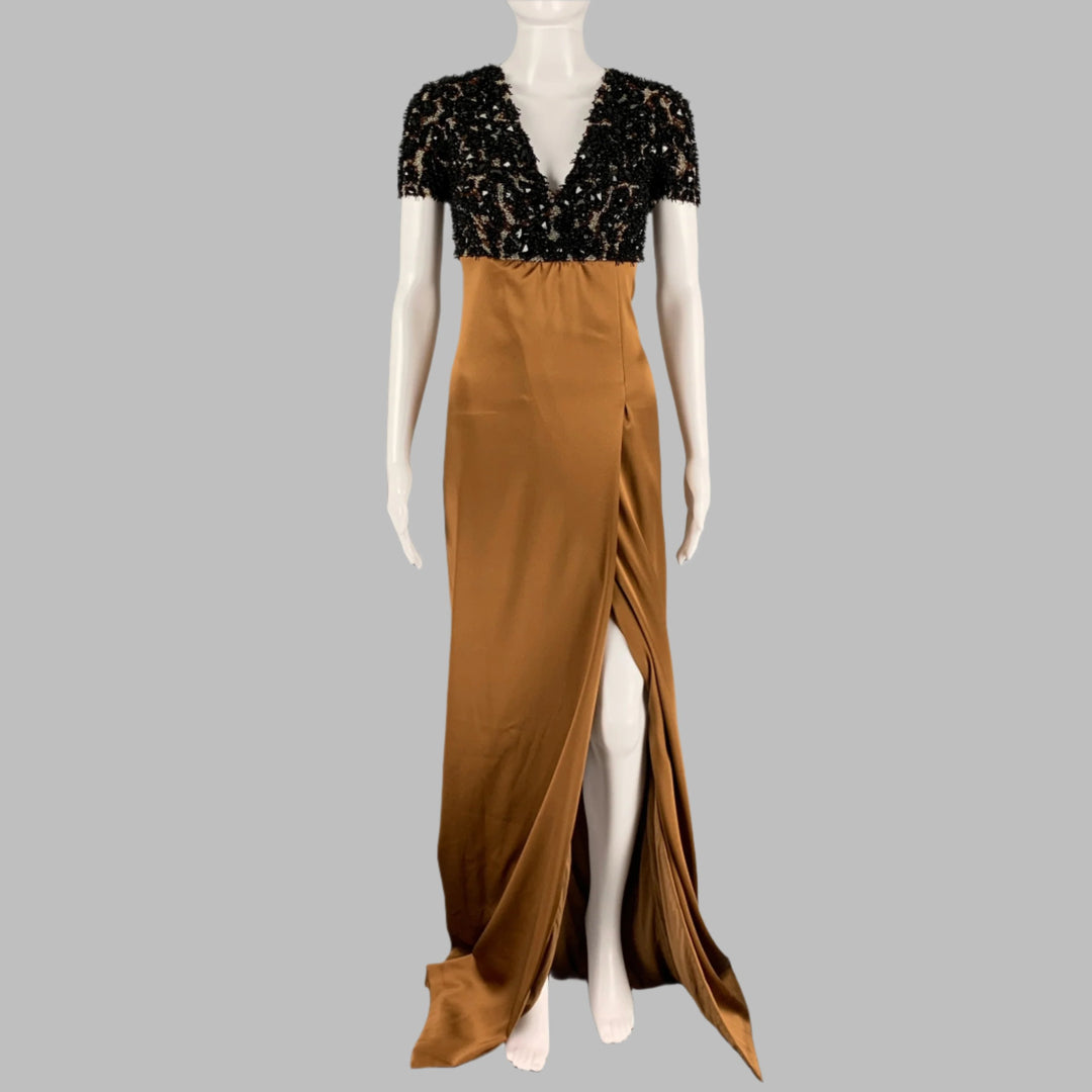 BURBERRY PRORSUM Pre-Fall 2013 Size XS Brown Camel Silk Evening Gown L Sui Generis Designer Consignment BURBERRY PRORSUM Pre-Fall 2013 Size XS Brown Camel Silk Evening Gown L Sui Generis Designer Consignment