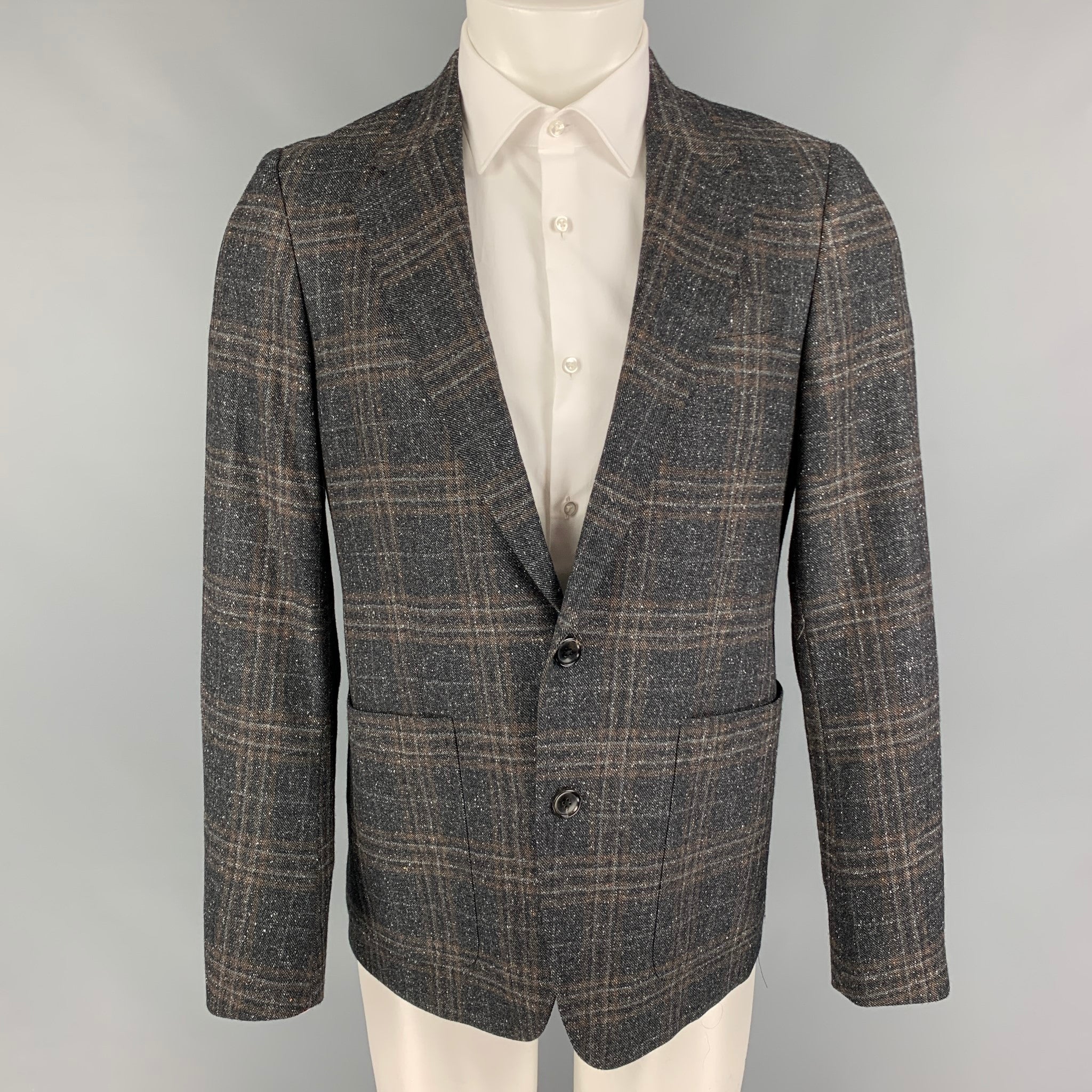 BILLY REID Size 38 Charcoal Brown Plaid Wool Silk Sport Coat Sui