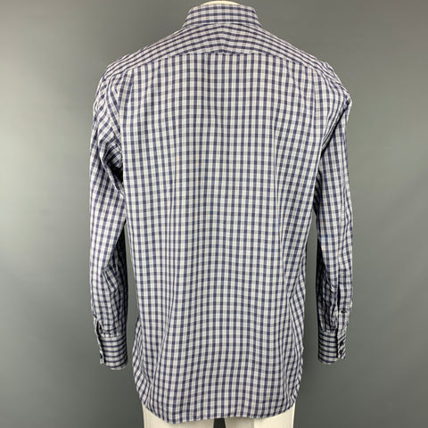 TOM FORD Size XL Navy & White Plaid Cotton Button Up Long Sleeve Shirt