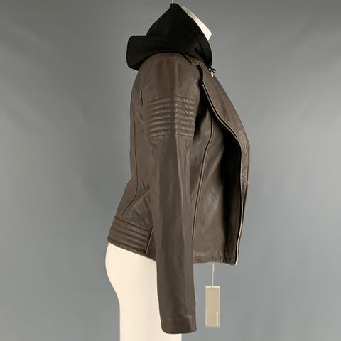 SOIA & KYO Size XS Grey Black Leather Mixed Materials Hooded Jacket