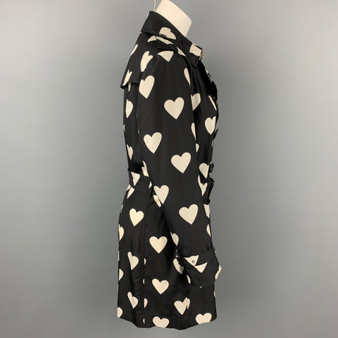 BURBERRY Circa 2017 Size 10 Black & White Heart Print Silk / Wool Trench Coat