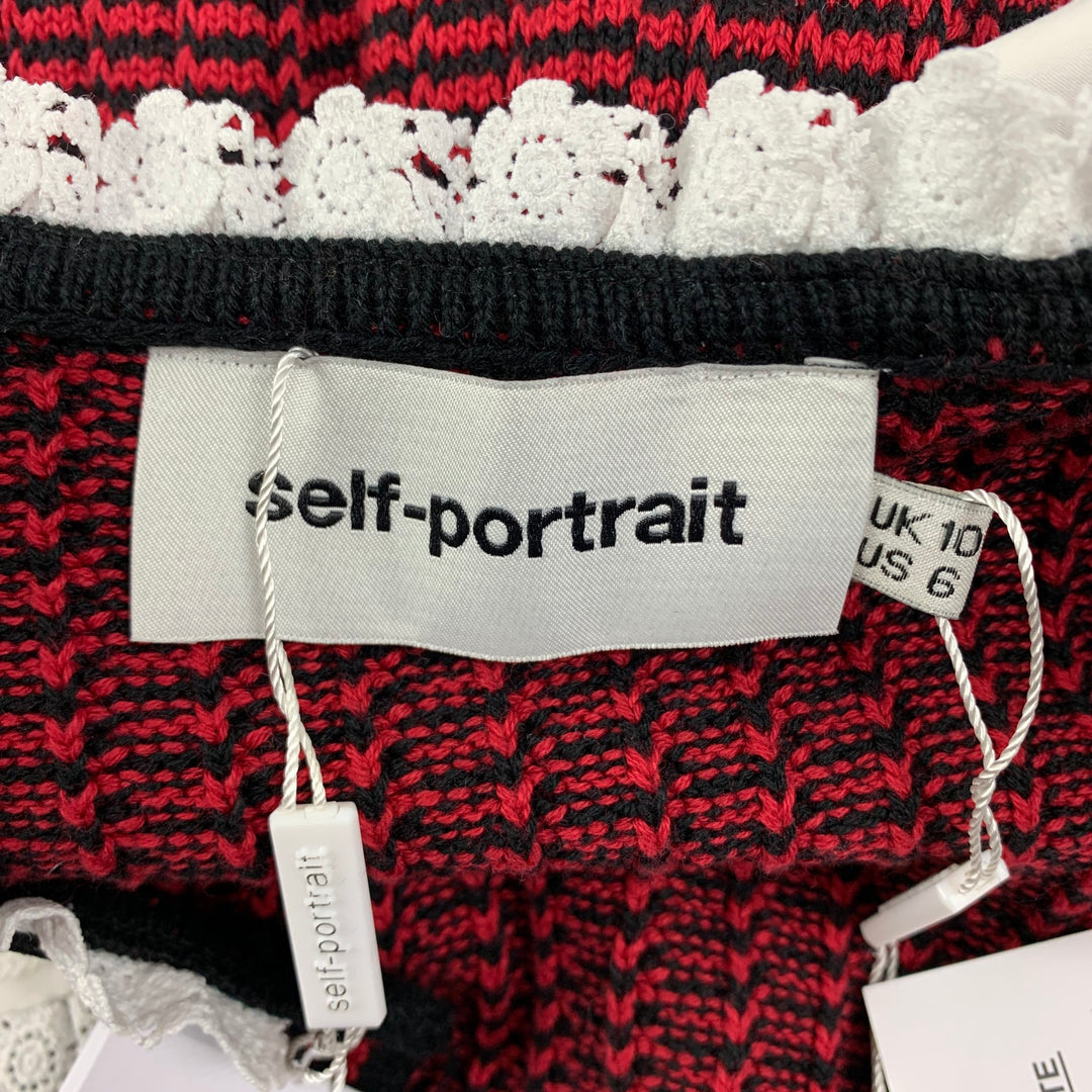 SELF-PORTRAIT Size 6 Red Black Knit Stripe Short Sleeve Dress