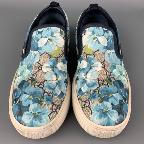 GUCCI GG Supreme Monogram Blooms Dublin Taille 9 Baskets à enfiler en toile enduite florale bleue et blanche