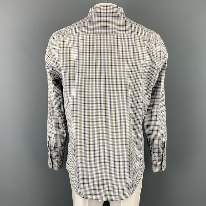 ERMENEGILDO ZEGNA Size XL White & Green Plaid Cotton Long Sleeve Shirt