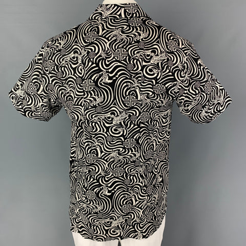SHANGHAI TANG Size M Black White Abstract Silk Camp Short Sleeve Shirt