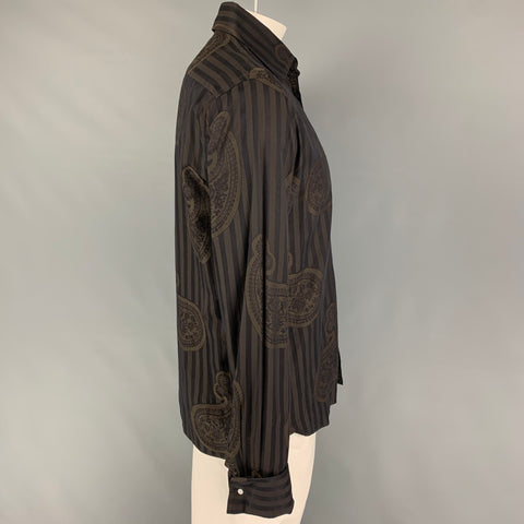 TED BAKER Talla L Camisa de manga larga con puño francés de algodón a rayas negras y marrones