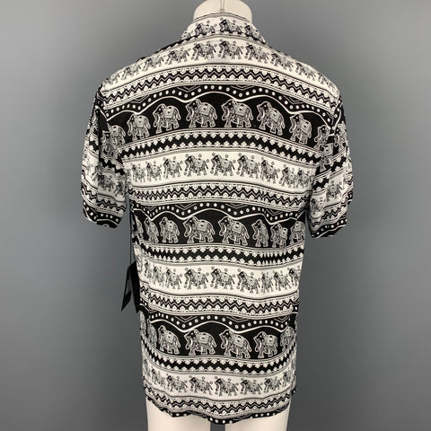 PUBLISH Size M Black & White Elephant Print Rayon Camp Short Sleeve Shirt