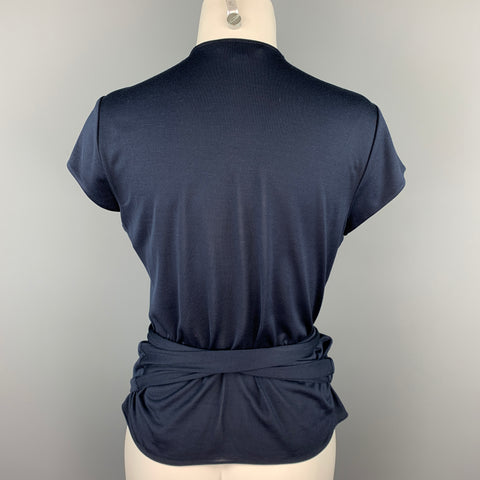 RALPH LAUREN Black Label Size L Navy Jersey Silk Wrap Short Sleeve Cardigan