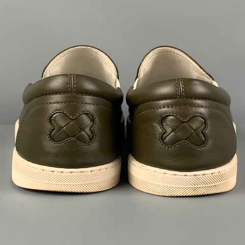 BOTTEGA VENETA Size 7.5 Olive White Woven Leather Slip On Sneakers
