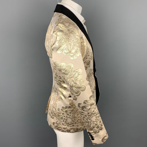 MR TURK Size 36 Beige & Gold Brocade Cotton Blend Shawl Collar Sport Coat
